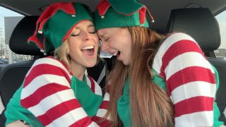 Nadia Foxx & Serenity Cox as Horny Elves cumming in drive thru with remote controlled vibrators / 4K