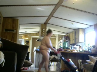 Horny naked wife cleaning house butt naked with doorwide open