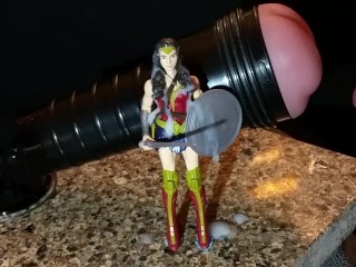 Fleshlight fuck, cum on Wonder Womanfigurine. Multiple cumshots. Gal Gadot
