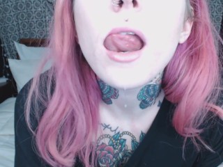 pink haired girl holds mouth wide open for you)