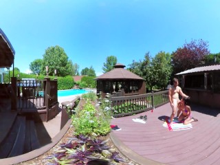 3-Way Porn – VR Group Orgy by the Pool in Public 360