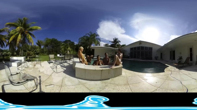 Lesbian Virtual Reality Show, squirting outdoors by the pool - Mia Martinez