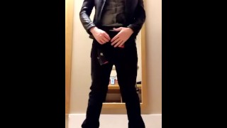 Big Cock Attempting On A New Leather Jacket With Cum