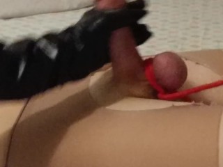 Mistress ties up slaves balls and shocks his dick while_jerking