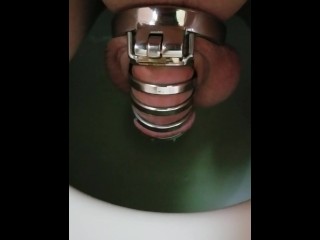 Man peeing sitting locked in chastity cage!
