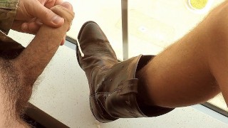Military Jerks And Blows Big Cum Load On Buddies Cowboy Boot Straight Uncut