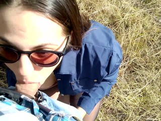 College student sucking on_a mountain walk. Public Blowjob & cum in mouth.