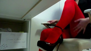 Masturbate at work :Day 28.Rubbing through  red pantyhose.brunette amateure