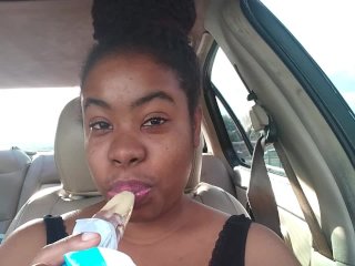 Ebony Big Lips Sucking Ice Cream Pop Outside in Car - CamiCreams