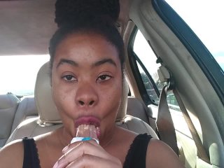 Ebony Big Lips Sucking Ice Cream Pop Outside In Car - Cami Creams