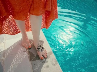 Ginger Girl in Long Red Dress Gets Hairy Pussy Creampie in Swimming Pool