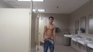Naked Asian Twink Stripes In A Public Bathroom