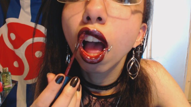 Young Goth Applies Dark Red Lipstick then Plays with her Big Puffy Nipples 9