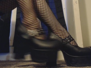 Goth Girl Shows Off New Black Platform Heels andFishnet Stocking Feet