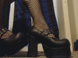 Goth Girl Shows Off New Black Platform Heels and_Fishnet Stocking Feet