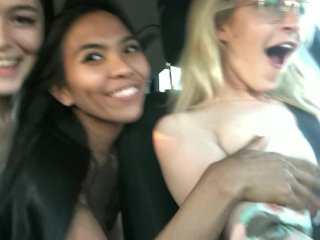 Three Girls Masturbating And Flashing In A Car