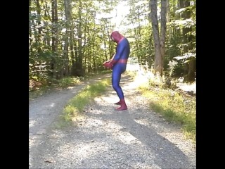 outdoor spiderman with exposed cock