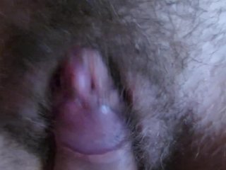 Close Up Hard Swollen Clit Hairy Pussy Teasing with_Cockhead in Close_Up