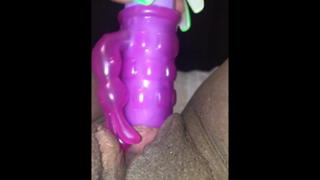 Fat pink pussy swallows pink dildo to Lil baby 5