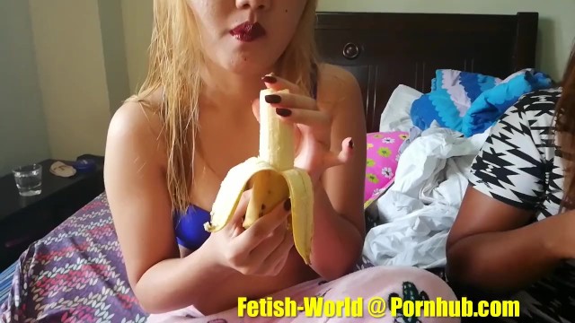 Food fetish - Two girls eat and chew a banana (food play)