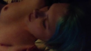 Alternative bluehaired girl in threesome