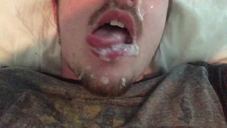 Self Facial Blowing Jizz Bubbles Long Tongue CEI Cum Slurping Legs Up