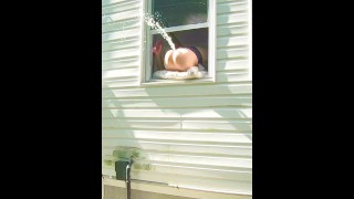 While Neighbors Are Outside A HORNY Dildo Orgasm Squirts Out Of The Window