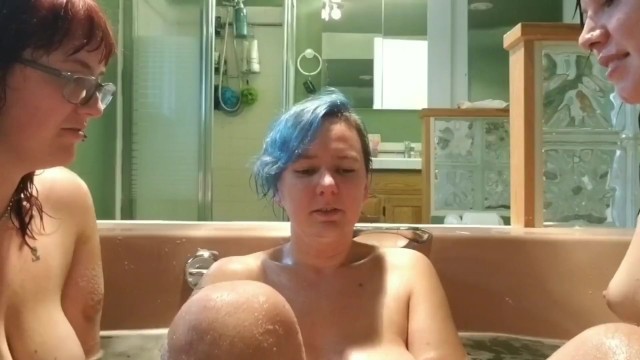 Three hotties in the bathtub watch us talk about bubbles and boobs!