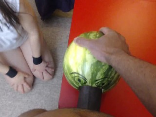 Blowjob and melon fucking. 1 guy 1_girl and_a melon.