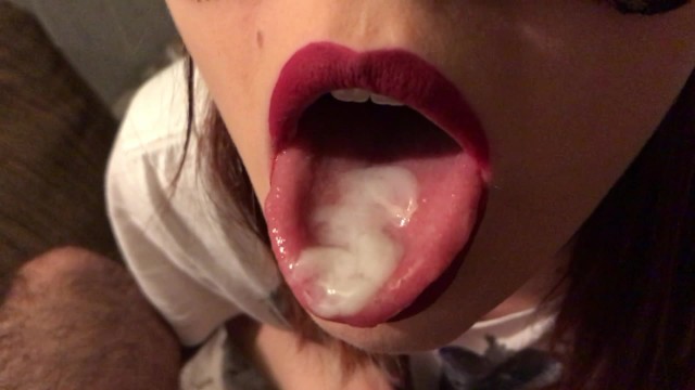 640px x 360px - Teen red lipstick closeup blowjob, cum on tongue and swallow