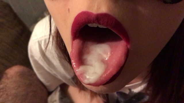 Teen red lipstick closeup blowjob, cum on tongue and swallow