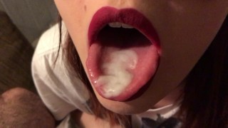 Closeup Red Lipstick Blowjob On Tongue And Swallow
