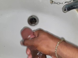 CAME IN THE SINK (milking my long nice_cock in the sink.)