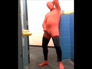 Red Morph With Black Leggings Almost Caught Jerking Off In Gym Hall