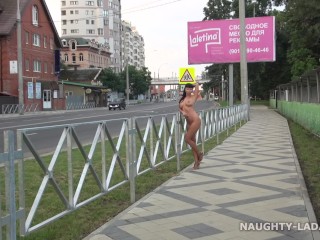 Naughty Lada walk naked through the streets ofthe city. Nude in public