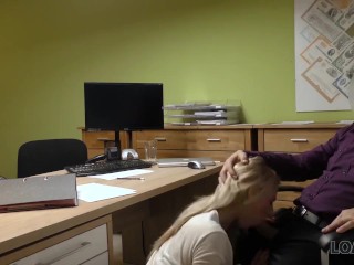 LOAN4K. Agent drills mouth, pussy, and asshole of blonde in office