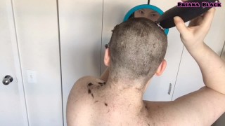 Shaving A Young Woman With A Large Beard Shaves Her Head Until It Is Completely Bald