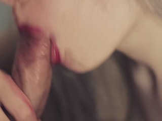 RED LIPSTICK CLOSE UP BLOWJOB.DROLLING SPIT AND CUM IN MOUTH.