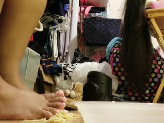 Giantess Bare feet foot crushingstomping foot spaghetti noodles