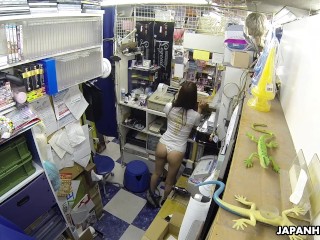 Japanese teen brunette, Mikuni Maisaki is masturbating at work, uncensored