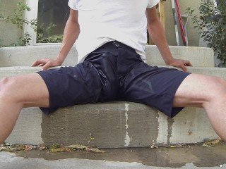 Pissing black athletic shorts outdoors_and jerking off into my t-shirt