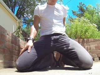 Pissing_my grey jeans outdoors and shooting_my load