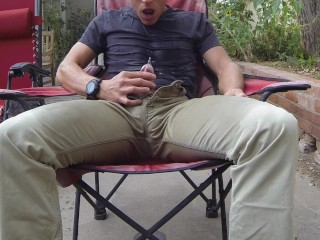 Pissing khaki pants outdoors_and eating cum