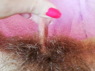 Playing with My Big Clit Hood Pulling and Stretching Hairy Bush PussyClose