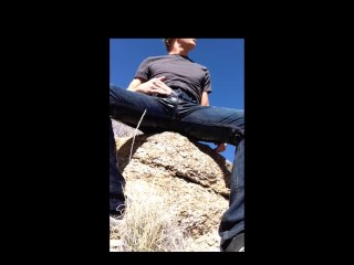Pissing blue jeans inthree public places withan outdoor cumshot