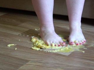Fat legs bare feet_mercilessly trampled banana and raw eggs. Crush_Fetish.