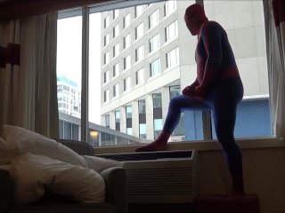 Spiderman Shows His Hard Cock To Office Workers From His Hotel Room