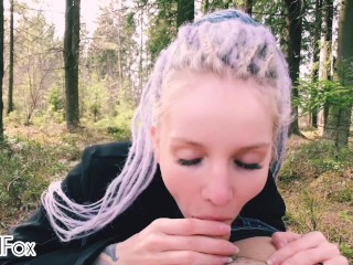 OUTDOORS BLOWJOB, teenage nympho in the forest gets cum_on face - Red_Fox