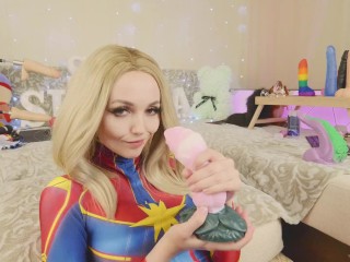 Amateur teen in suit Captain Marvel tests new toys Bad Dragon SiaSiberia