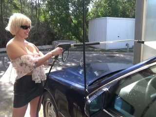 BeautifulBlonde PubliclyPlays with Her Pussy on Carwash